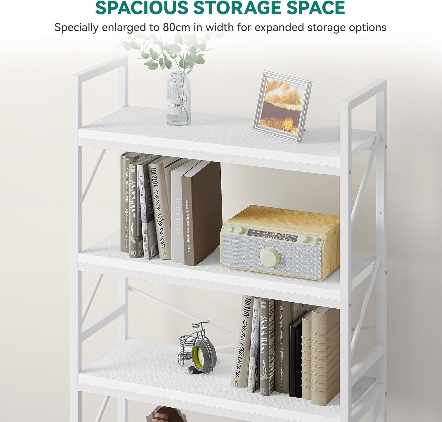 YITAHOME Bücherregal Mit 5 Ebenen - Industrielles Holzregal Mit Metallrahmen, Großes Freistehendes Regal, Präsentationsregal Für Wohnzimmer, Heimbüro - Reinweiß