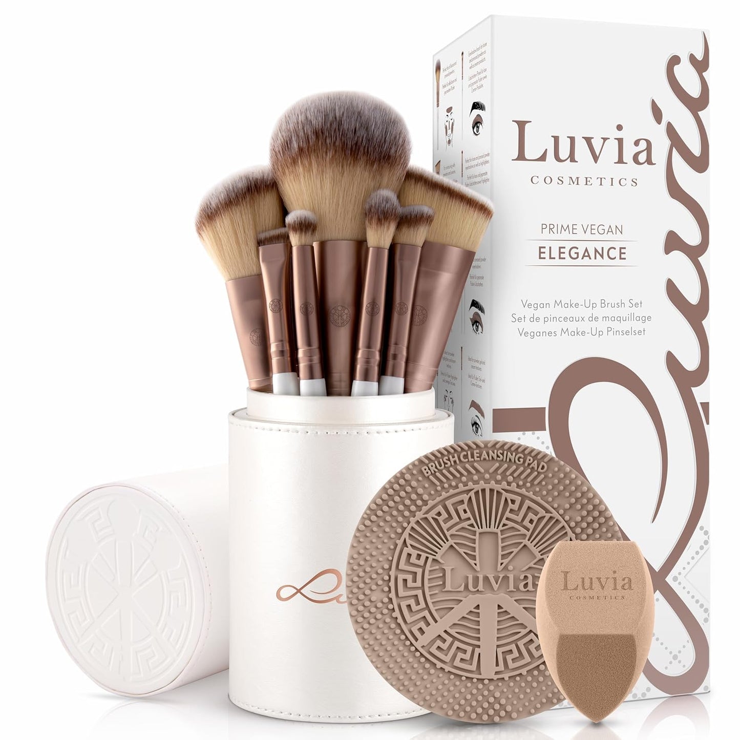 Make-Up Pinselset 15-Teilig Vegan | 12 Profi Schminkpinsel | Inkl. Blender, Reinigungsmatte & Veganem Leder-Köcher | Prime Vegan Pro | Coffee/Perlmutt | Luvia