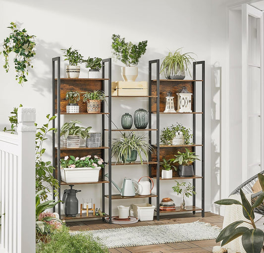 VASAGLE Bücherregal, Standregal Mit 14 Ablagen, Regal Mit Metallrahmen, Für Wohnzimmer, Arbeitszimmer, Büro, Industrie-Design, 24 X 158 X 166 Cm, Vintagebraun-Tintenschwarz LLS107B01