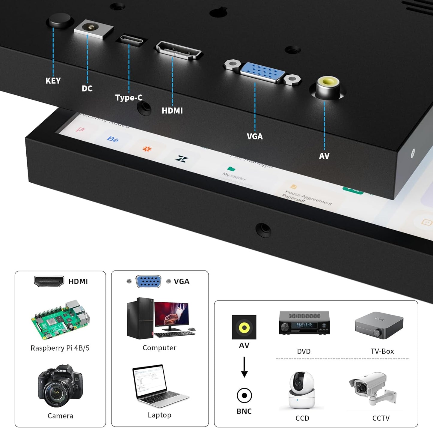 Mini Monitor 7 Zoll HDMI, VGA, AV, BNC, 1024 × 600 Kleiner Ips-Bildschirm Mit Eingebauten Lautsprechern, 178° Betrachtungswinkel LCD Tragbarer Monitor Für PC/TV/DVD/CVBS (Non-Touch)