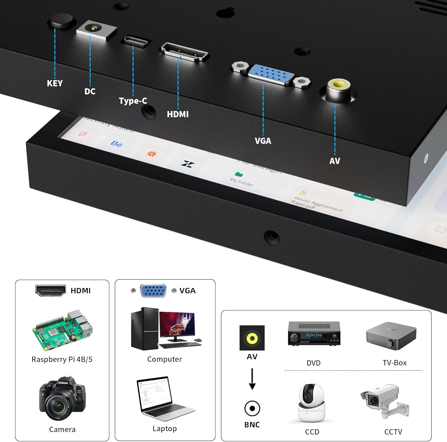 Mini Monitor 7 Zoll HDMI, VGA, AV, BNC, 1024 × 600 Kleiner Ips-Bildschirm Mit Eingebauten Lautsprechern, 178° Betrachtungswinkel LCD Tragbarer Monitor Für PC/TV/DVD/CVBS (Non-Touch)