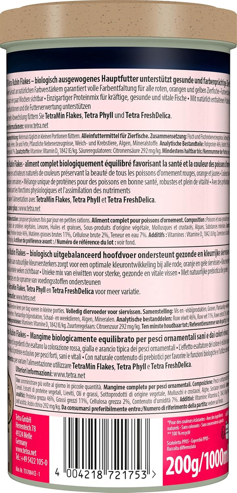 Tetra Rubin Flakes - Fischfutter in Flockenform Mit Natürlichen Farbverstärkern, Unterstützt Eine Intensive Farbenpracht Der Fische, 1 L Dose