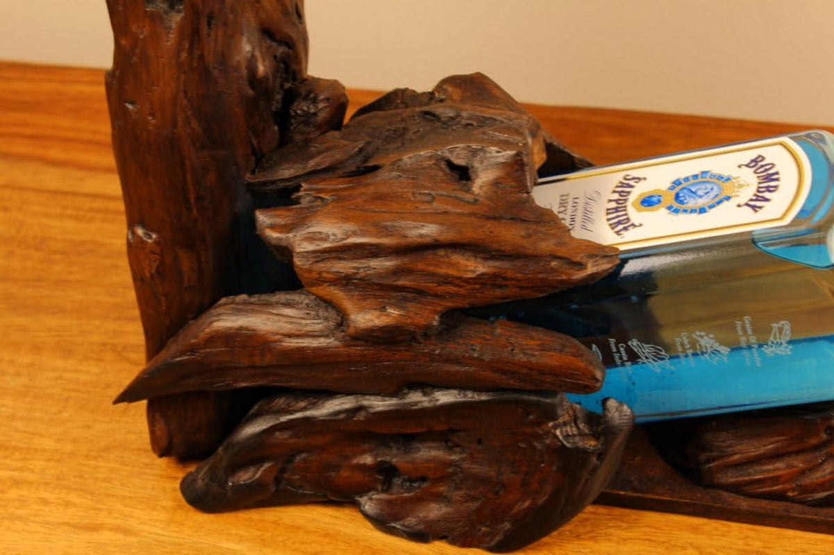 Kinaree Wurzelholz Flaschenhalter - Flaschenständer Für 1 Flasche Und 3 Gläser, Für Wein, Likör Oder Schnäpse - Geschenkidee Für Geburtstag, Weihnachten Oder Hochzeit