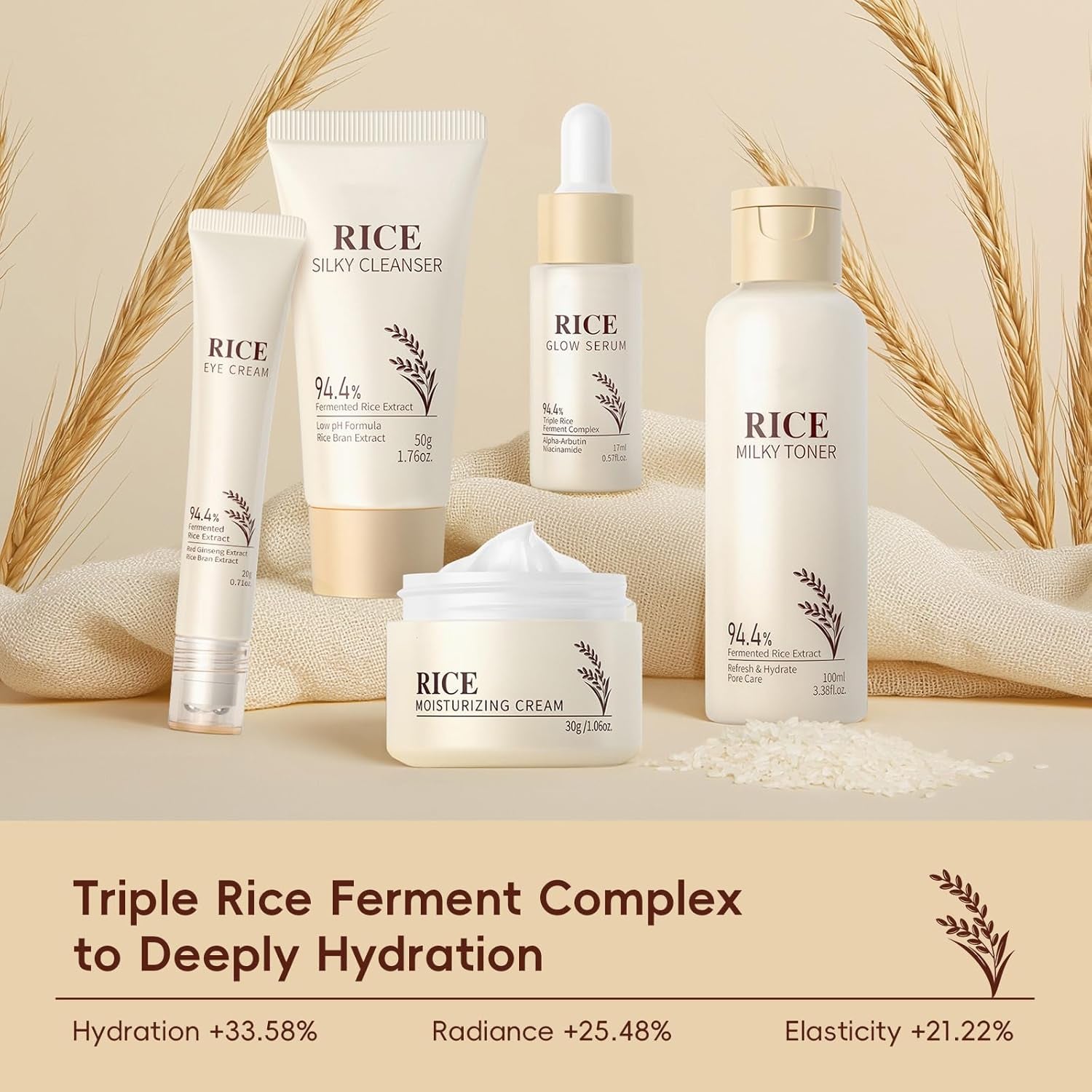 Rice Skincare Set 5-Teiliges Koreanisches Hautpflegeset Für Strahlende Haut - Glatte Gesichtspflegesets Mit Reiniger, Reiswasser, Serum, Augencreme, Gesichtscreme, Geschenkset Für Frauen Mädchen