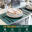 TAN REN Besteck Set Schwarz 4 Personen, 24-Teiliges Edelstahl Besteckset Mit Steakmesser, Elegantes Essbesteck Mit Messer Gabel Löffel, Tafelbesteck Für Küche/Restaurant