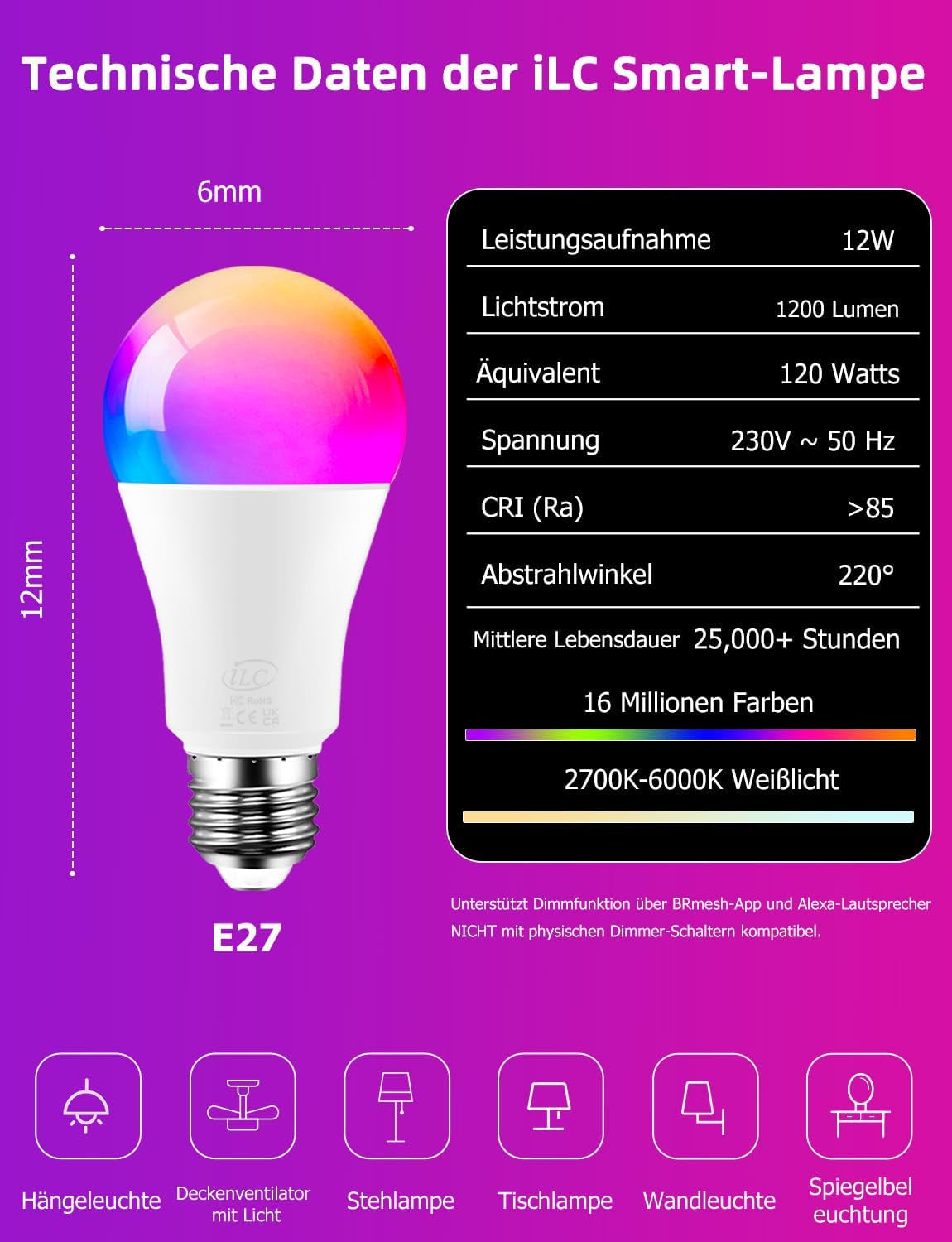 Ilc Alexa-Glühbirnen, Funktioniert Mit Alexa (Echo-Geräte Erforderlich), 12 W E27 Schraube, LED, Smart-Glühbirne, Farbwechsel, Farbtemperatur, Abstimmbar, 2700 K-6000 K + RGB (4 Stück)