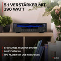 AV560EQ - 5.1 Hifi Verstärker Mit Bluetooth, 390 Watt AV Receiver & Stereoanlage Für Heimkino, TV & Musik - Verstärker Hifi Stereo Mit Subwoofer-Out, USB, Fm-Radio, 2X Mikrofon, Equalizer