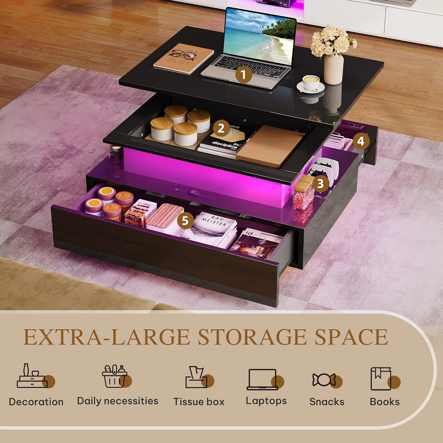 YITAHOME Couchtisch Höhenverstellbar, Wohnzimmertisch Hochglanz Mit Hebeplatte,Couch Tisch Wohnzimmer Mit 16-Farbiger LED Modern and 2 Schubladen