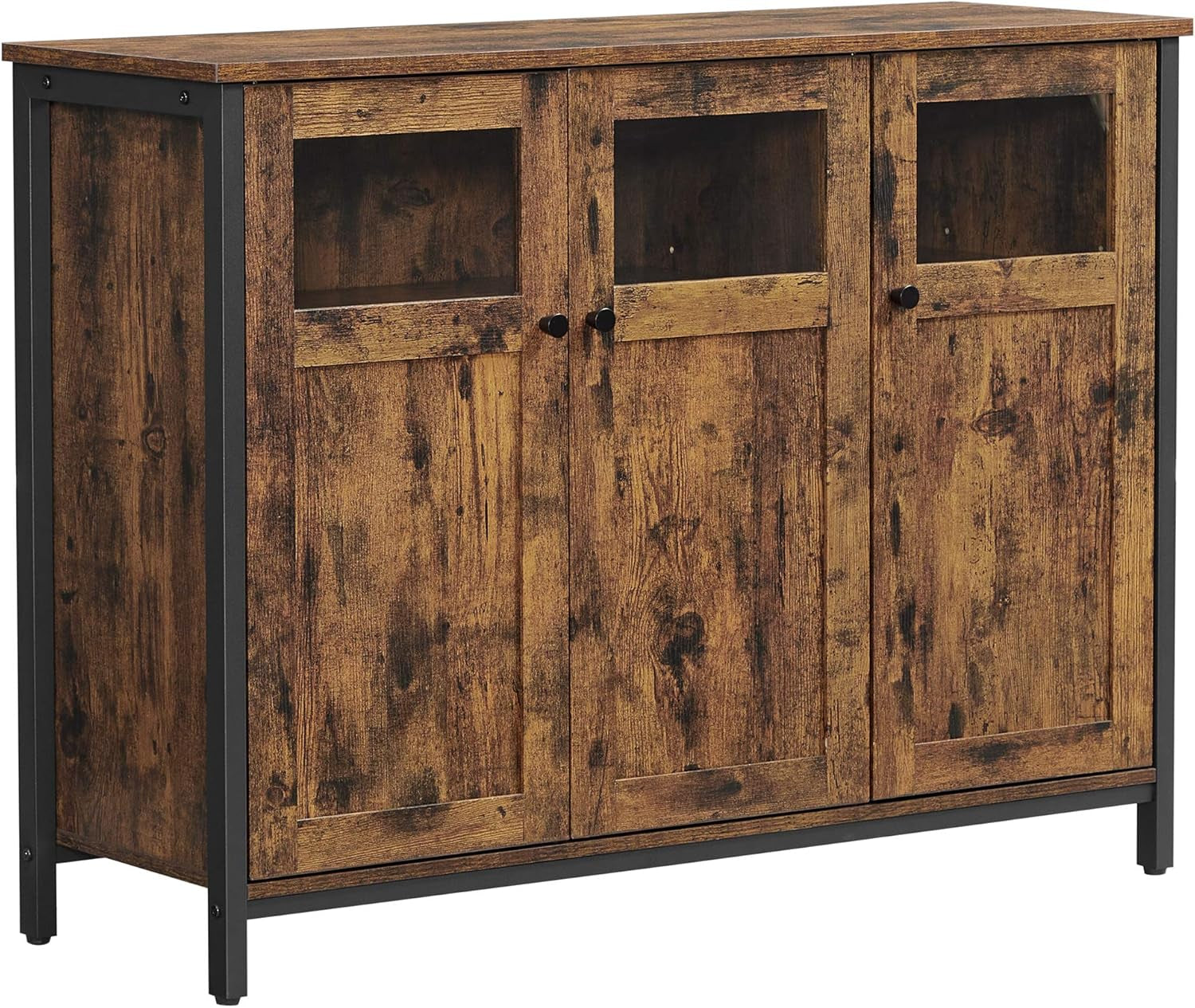 VASAGLE Sideboard, Küchenschrank, Aufbewahrungsschrank, Mit Glastüren, Für Wohnzimmer, Küche, Esszimmer, Stahlrahmen, Industriestil, Vintagebraun-Tintenschwarz LSC099B01