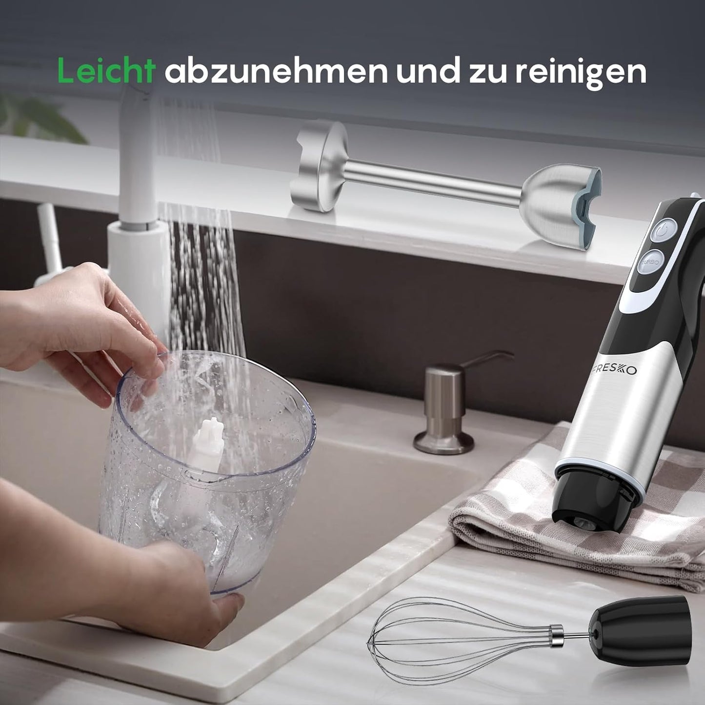 FRESKO 4-In-1 Stabmixer Edelstahl, 1000W Pürierstab Mit 12 Geschwindigkeiten Und Turbo-Modi, Inklusive Schneebesen, 500Ml Lebensmittelhacker Und 700Ml Messbecher, Für Babynahrung, Suppe, Smoothies