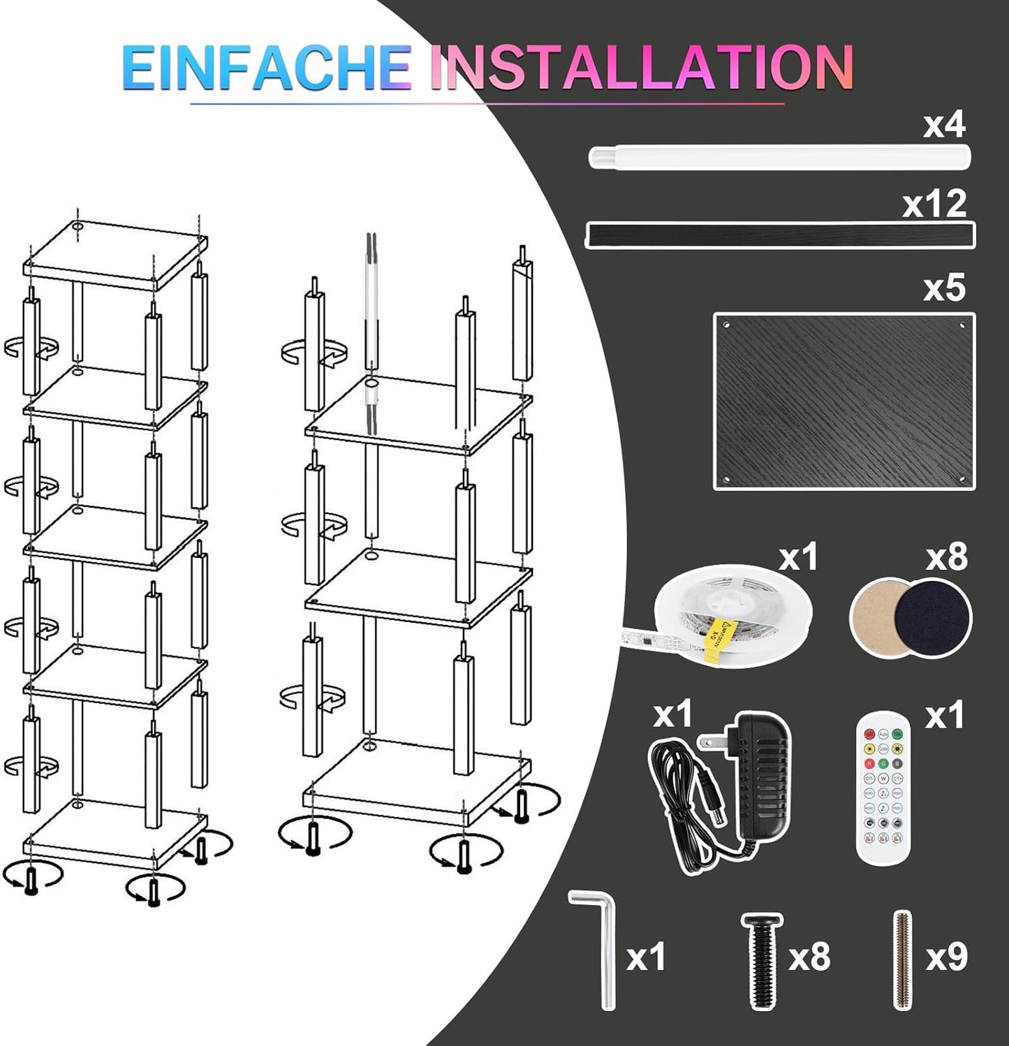XIIW Bücherregal Mit Led-Beleuchtung, 5 Stufige Stehleuchte Mit Regal, Stehlampe Wohnzimmer Aus Holz Mit APP Und Fernbedienung, Standleuchte Eckregal Für Wohnzimmer, Schlafzimmer, Arbeitszimmer
