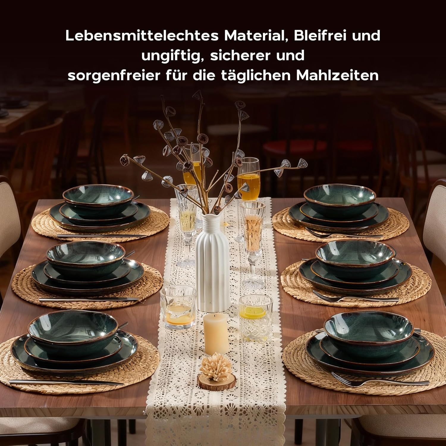 Geschirrset 6 Personen, 24-Tlg Steinzeug Tafelservice Set, Unregelmäßig Rund Geschirr Set Mit Speiseteller, Dessertteller, Müslischalen, Mikrowellen- & Spülmaschinenfest, Reaktives Tundra Grün