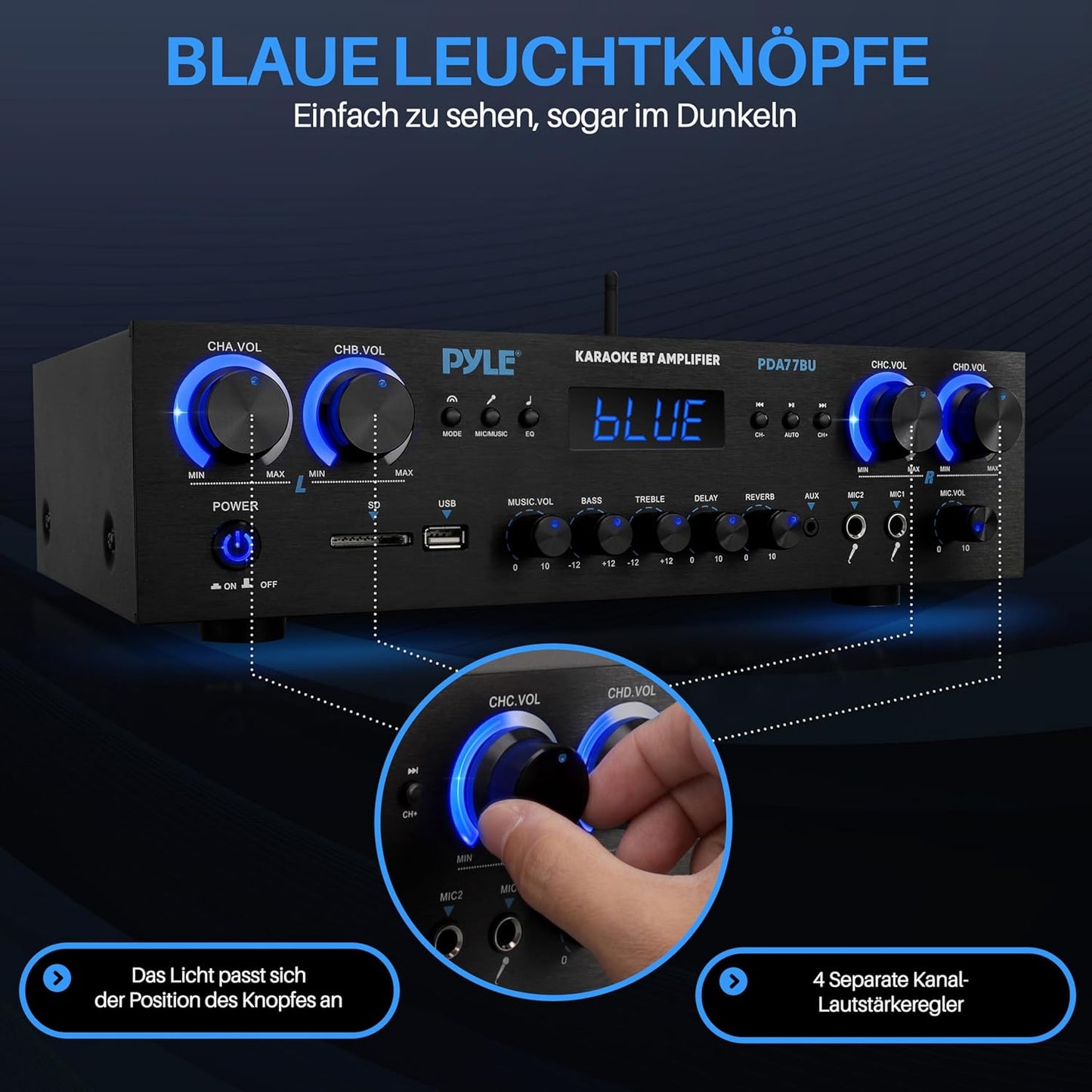 Pyle Amplifier, 800W Bluetooth Verstärker – 4-Kanal Mini Amp Mit MP3, USB, AUX, SD, Mikrofon, FM, RCA, Reverb/Delay – Stereo Für Heimkino, Studio & Theater