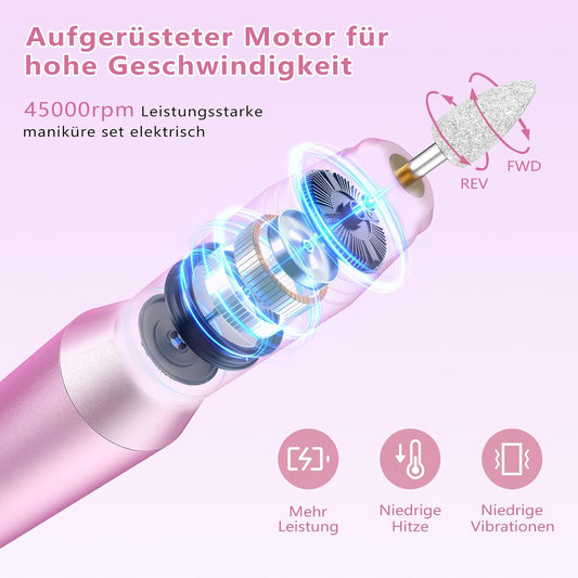 Nagelfräser Kabellose 45.000 U/Min - Elektrische Nagelfeile Für Gelnägel, 14 in 1 Professionell Fräser Für Nägel & Acrylnägel, 6 Geschwindigkeiten, Akku Rechargeable Maniküre Pediküre Set
