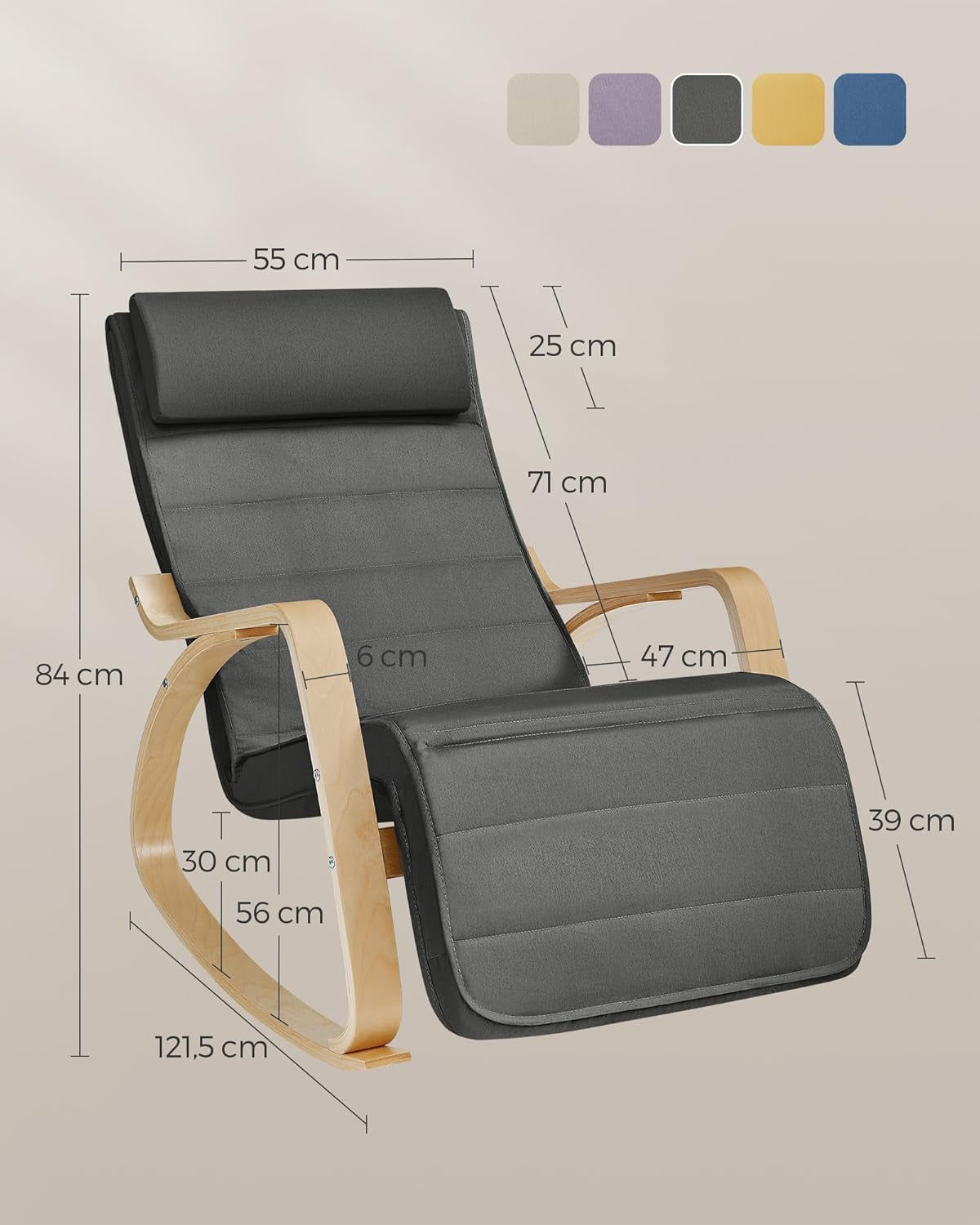 SONGMICS Schaukelstuhl, Mit Armlehnen Aus Birkenholz, Schaukelsessel, 5-Fach Verstellbare Fußstütze, Bis 150 Kg Belastbar, Für Schlafzimmer, Wohnzimmer, Dunkelgrau-Naturfarben LYY10G