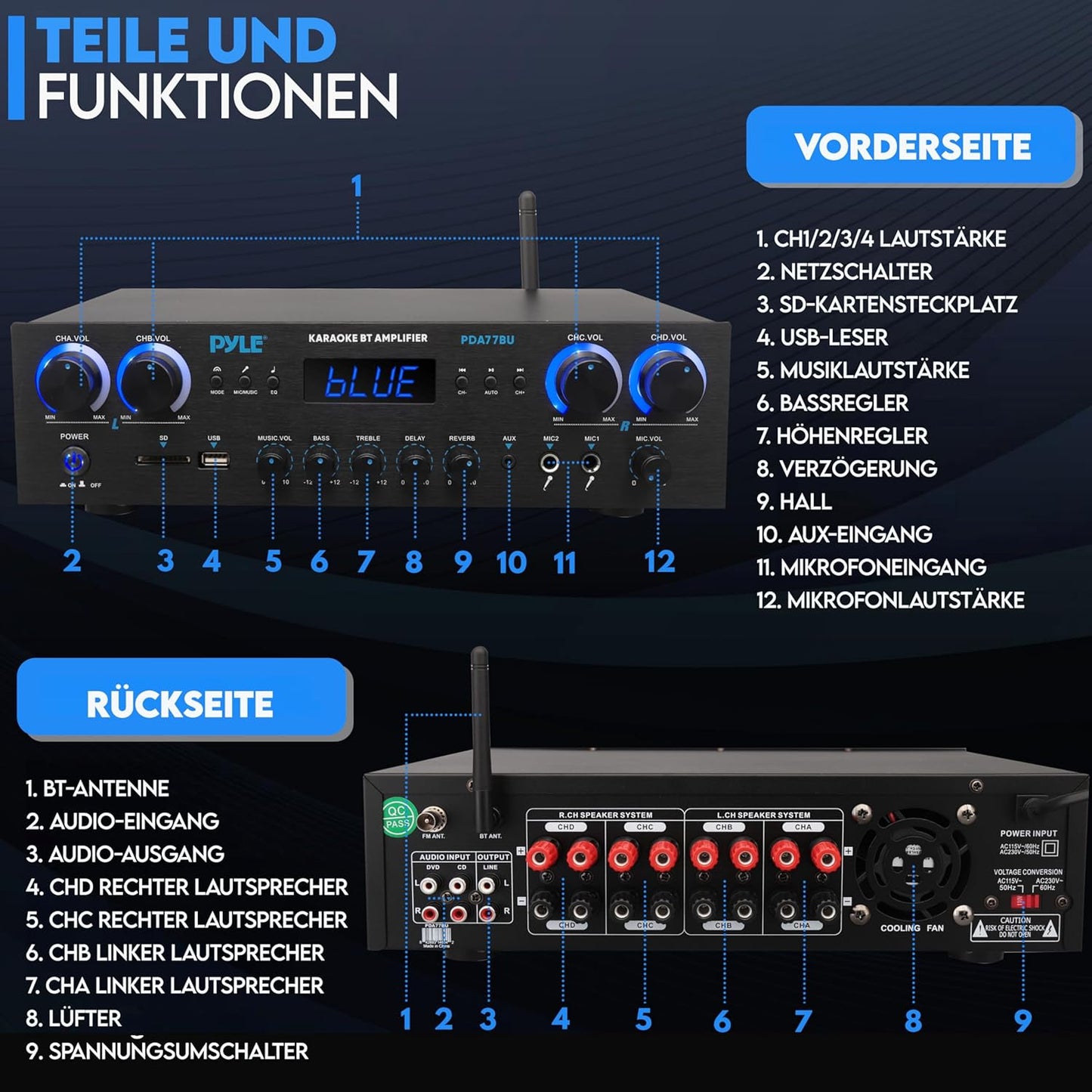 Pyle Amplifier, 800W Bluetooth Verstärker – 4-Kanal Mini Amp Mit MP3, USB, AUX, SD, Mikrofon, FM, RCA, Reverb/Delay – Stereo Für Heimkino, Studio & Theater