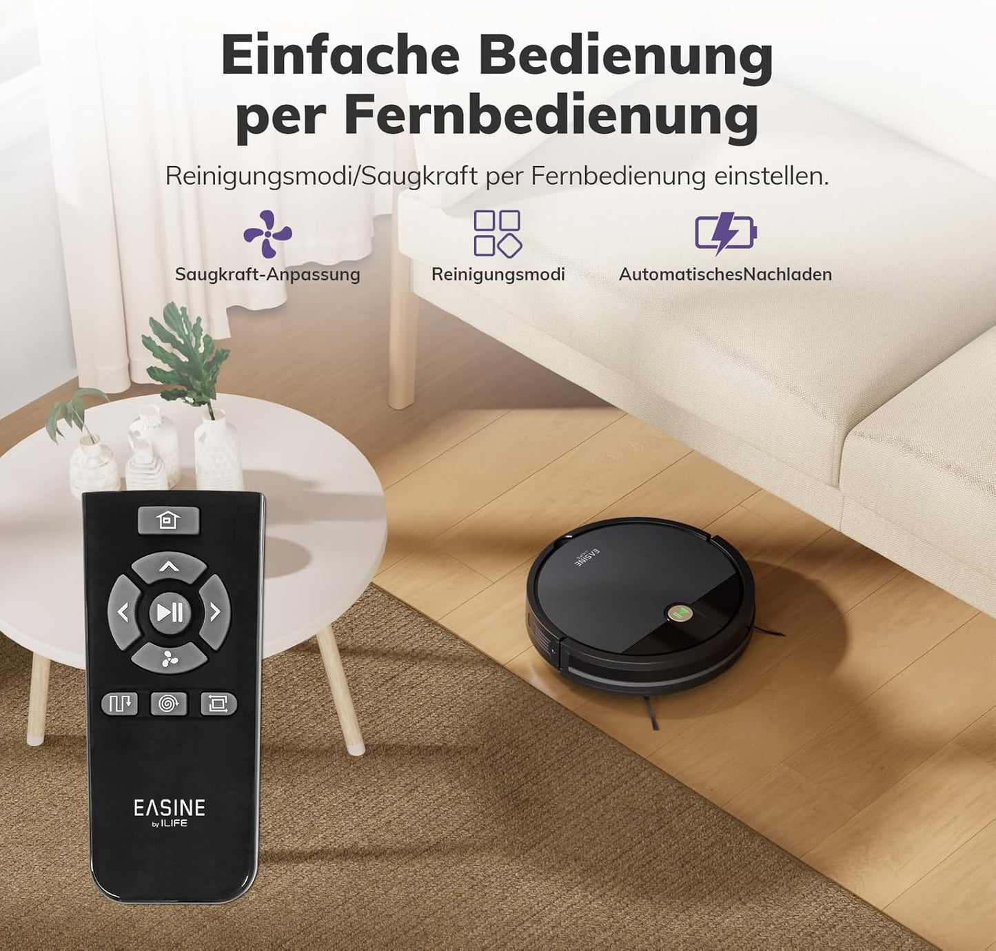 Saugroboter, Bürstenloses Design Staubsauger Roboter, Starkes Saugen, Selbstladend, Fernbedienung, Flach, Leise, Geeignet Für Tierhaare & Hartböden, E3