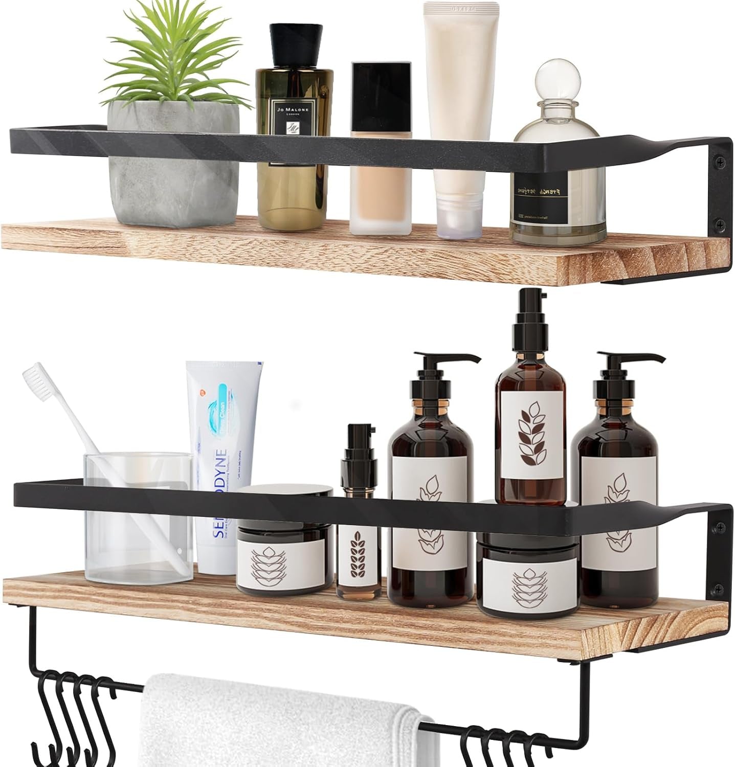 Uten Wandregal Holz, Schweberegal Rustikal Mit Handtuchhalter 2Er Set Hellbraun Für Schlafzimmer, Wohnzimmer, Badezimmer, Küche, Büro