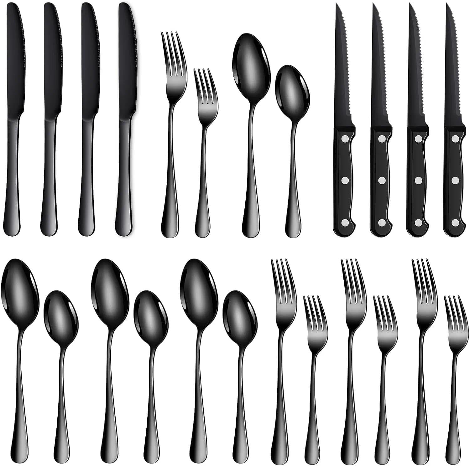 TAN REN Besteck Set Schwarz 4 Personen, 24-Teiliges Edelstahl Besteckset Mit Steakmesser, Elegantes Essbesteck Mit Messer Gabel Löffel, Tafelbesteck Für Küche/Restaurant