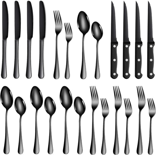 TAN REN Besteck Set Schwarz 4 Personen, 24-Teiliges Edelstahl Besteckset Mit Steakmesser, Elegantes Essbesteck Mit Messer Gabel Löffel, Tafelbesteck Für Küche/Restaurant