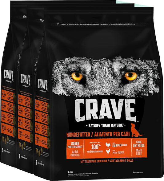 Crave Adult Trockenfutter Mit Truthahn & Huhn, 3 Beutel, 3X2,8Kg – Premium Hundefutter Trocken Mit Hohem Proteingehalt Und Ohne Getreide – Hergestellt Mit 100 Prozent Natürlichem Huhn