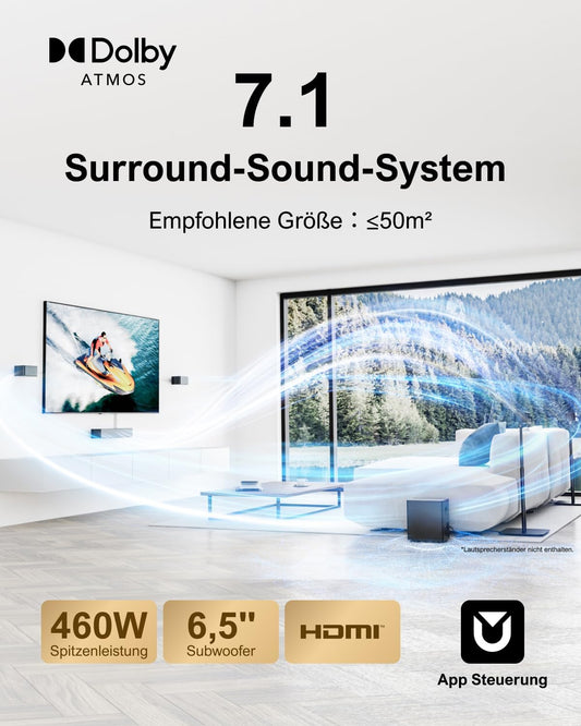 ULTIMEA 7.1 Surround Sound System Für TV Mit Dolby Atmos, App Steuerung, 4 Kabelgebundene Surround-Lautsprecher, 460W Soundbar Für Smart TV Mit Wireless Subwoofer, Heimkino Sound System, Poseidon D80