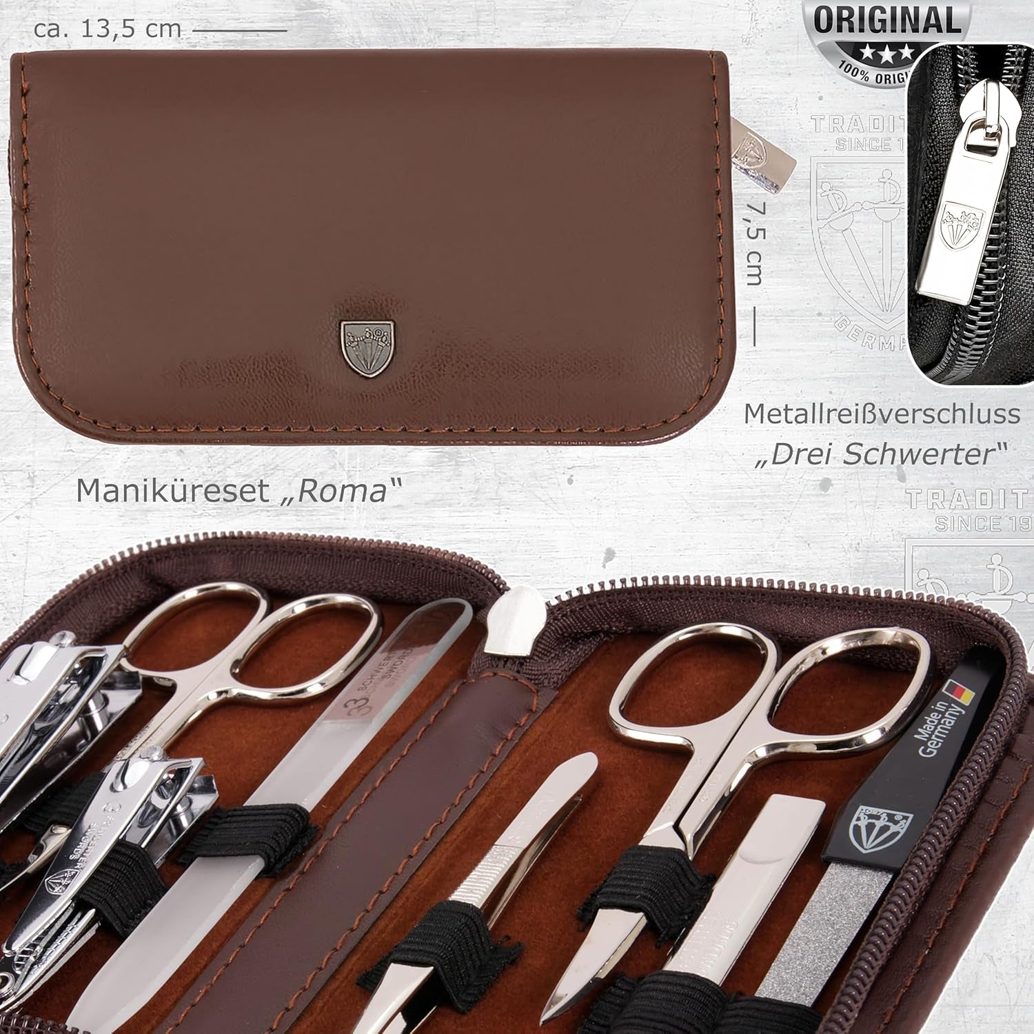 DREI SCHWERTER - Maniküreset 'Roma' - Nageletui Mit 8 Instrumenten: Nagelschere, Hautschere, Fuß/Finger-Nagelknipser, Nagelreiniger, Pinzette, Glasnagelfeile, Saphirnagelfeile - Braun