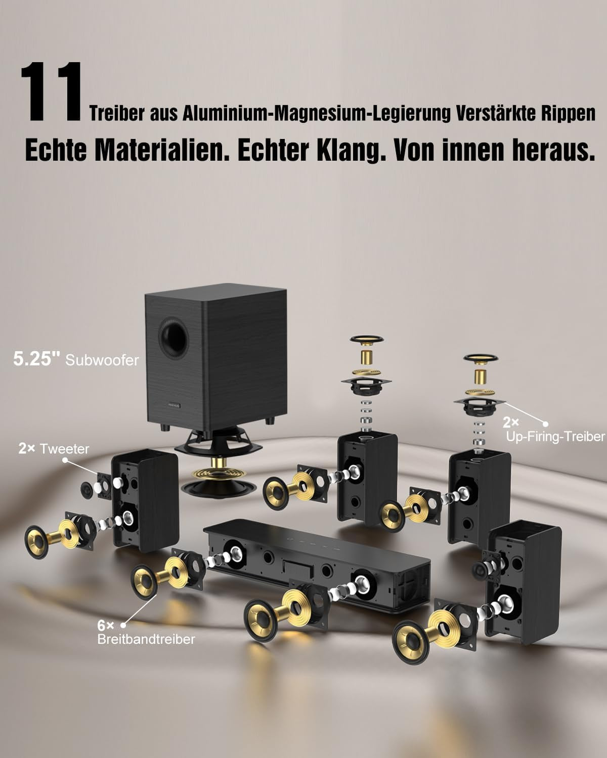 Hölzern 5.1.2CH Soundbar Für TV Geräte, 4 Surround-Lautsprecher, 400W Spitzenleistung, Heimkino Virtual Surround Soundsystem Sound Bar Mit 5.25'' Subwoofer, Arc/Optisch/Bt 5.3/AUX/USB, Hipulse N512