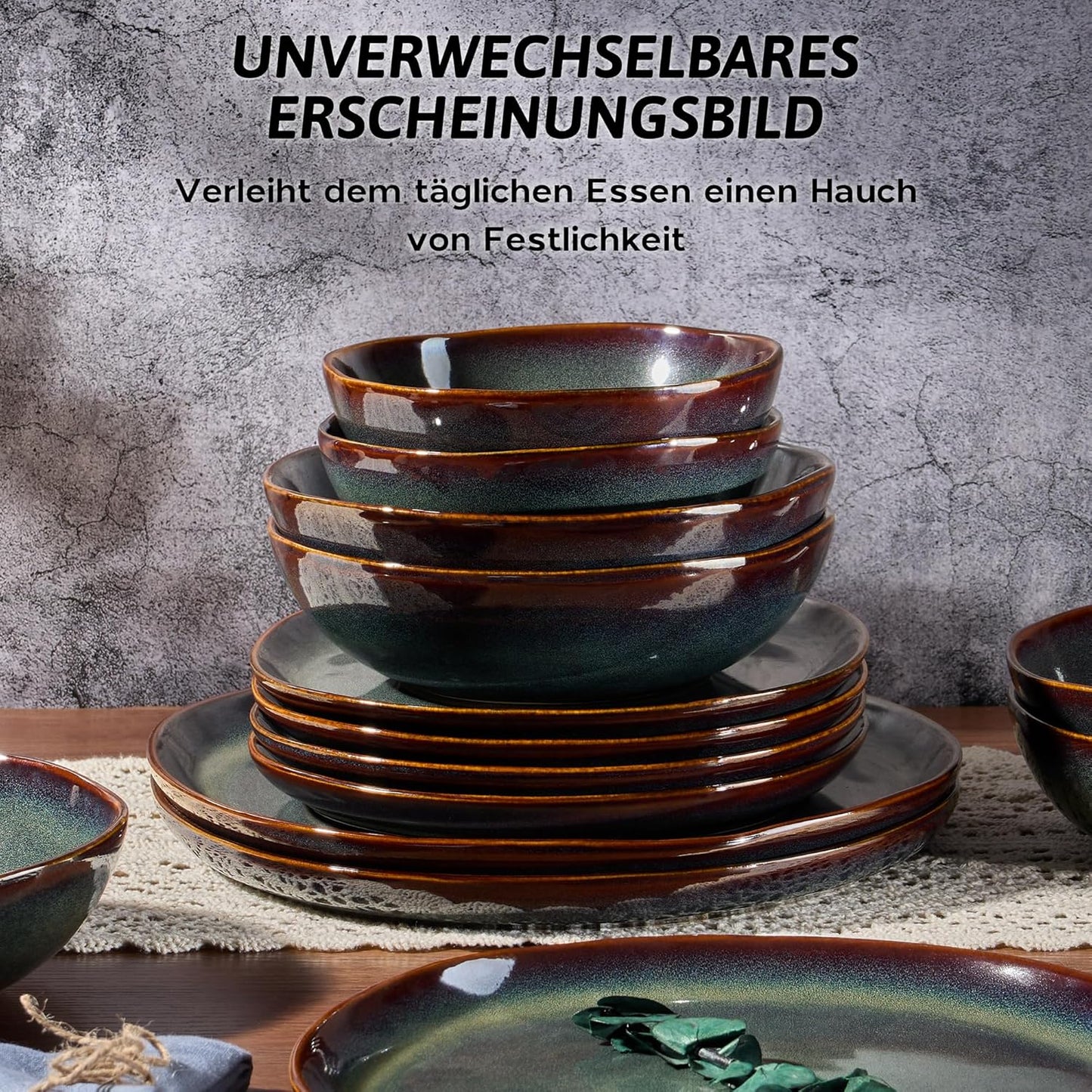 Geschirrset 6 Personen, 24-Tlg Steinzeug Tafelservice Set, Unregelmäßig Rund Geschirr Set Mit Speiseteller, Dessertteller, Müslischalen, Mikrowellen- & Spülmaschinenfest, Reaktives Tundra Grün