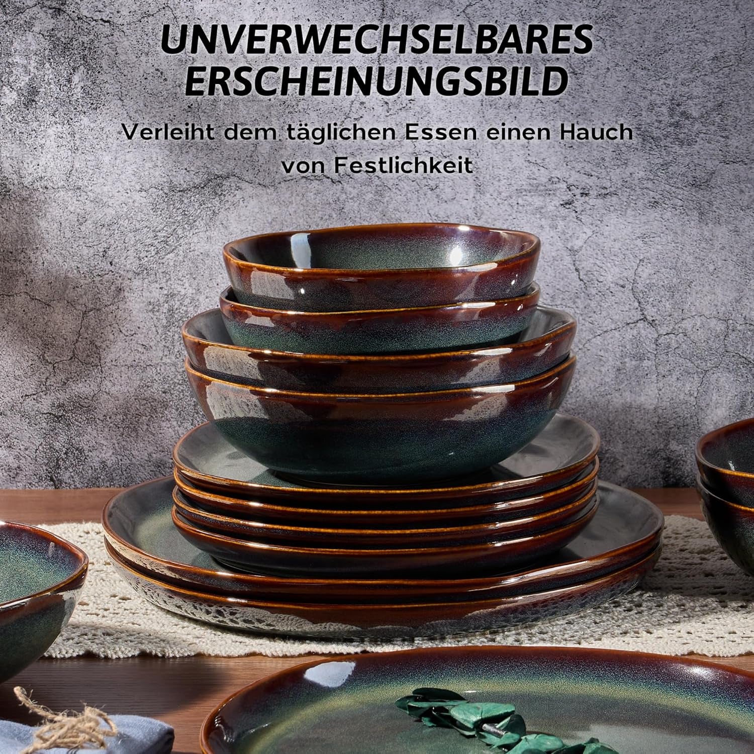 Geschirrset 6 Personen, 24-Tlg Steinzeug Tafelservice Set, Unregelmäßig Rund Geschirr Set Mit Speiseteller, Dessertteller, Müslischalen, Mikrowellen- & Spülmaschinenfest, Reaktives Tundra Grün