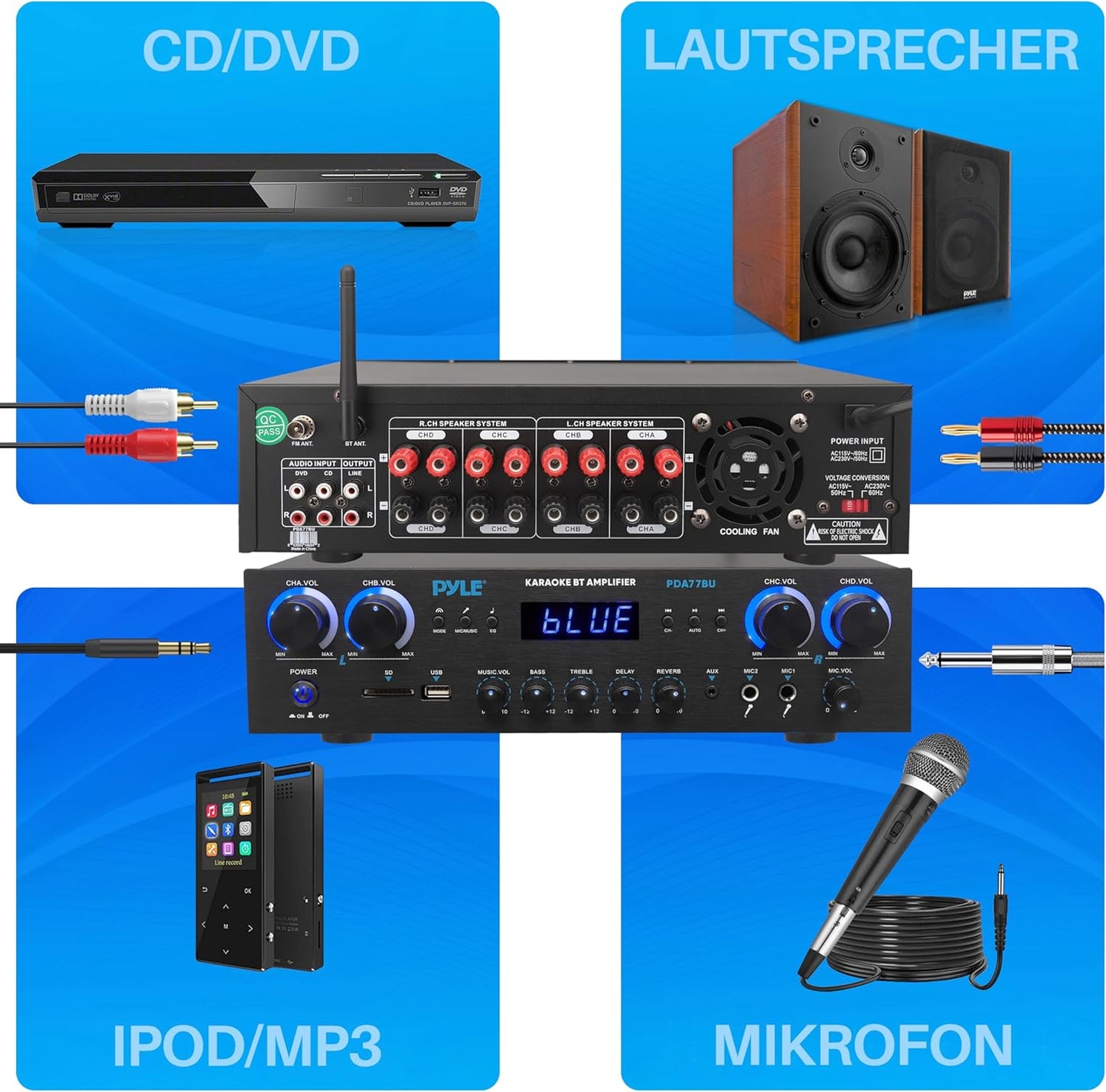 Pyle Amplifier, 800W Bluetooth Verstärker – 4-Kanal Mini Amp Mit MP3, USB, AUX, SD, Mikrofon, FM, RCA, Reverb/Delay – Stereo Für Heimkino, Studio & Theater