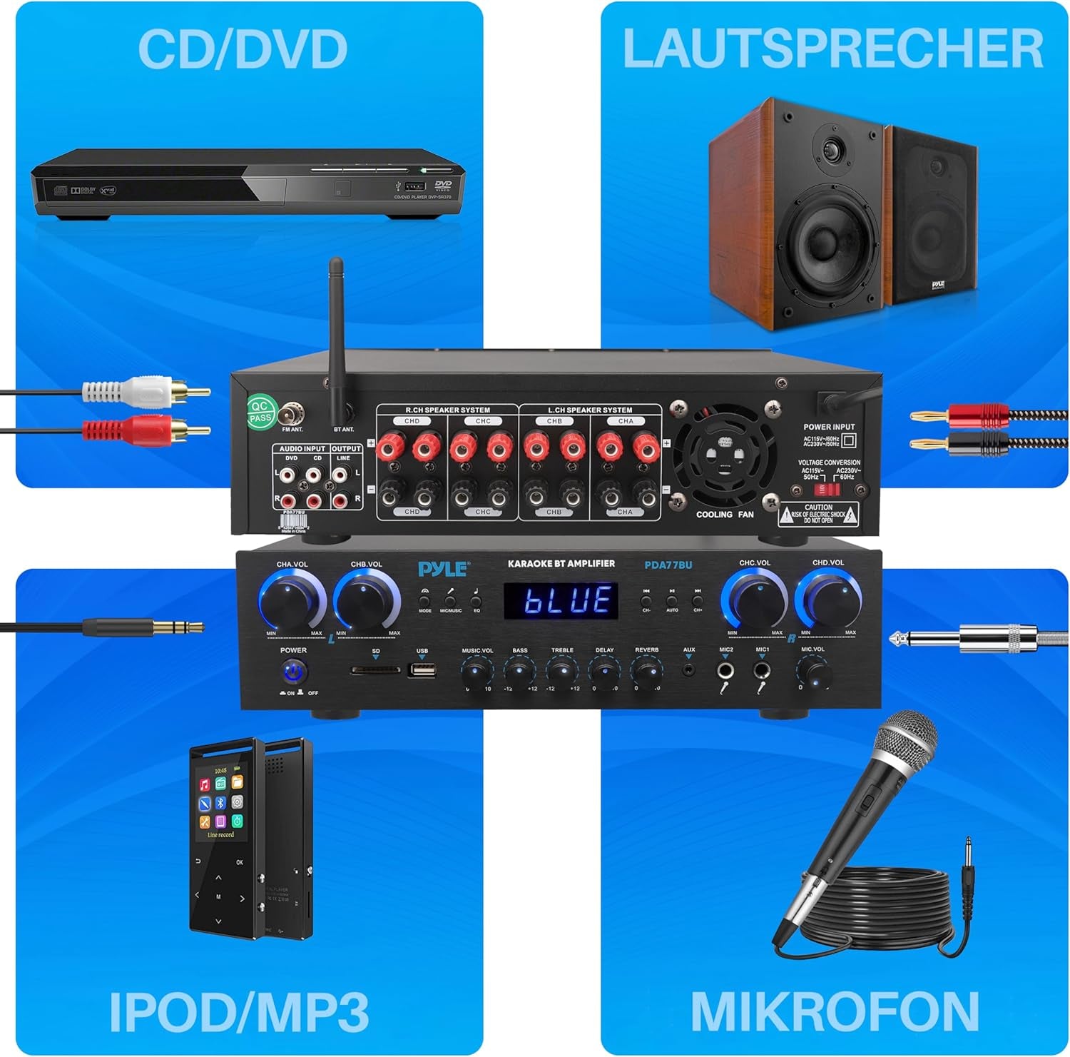 Pyle Amplifier, 800W Bluetooth Verstärker – 4-Kanal Mini Amp Mit MP3, USB, AUX, SD, Mikrofon, FM, RCA, Reverb/Delay – Stereo Für Heimkino, Studio & Theater