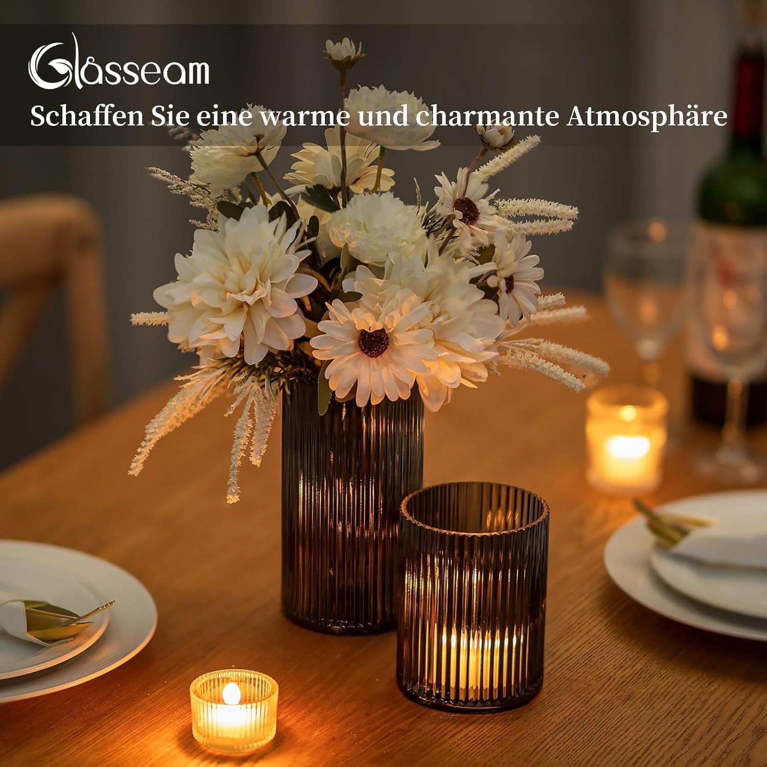 Glasseam Verstärktes Windlicht Glas Kerzengläser: 2Er Set Schwarz Kerzenglas Kerzenhalter Stumpenkerzen Für Tischdeko Glaszylinder Für Kerzen Modern Vase Windlicht Outdoor Für Deko Wohnzimmer