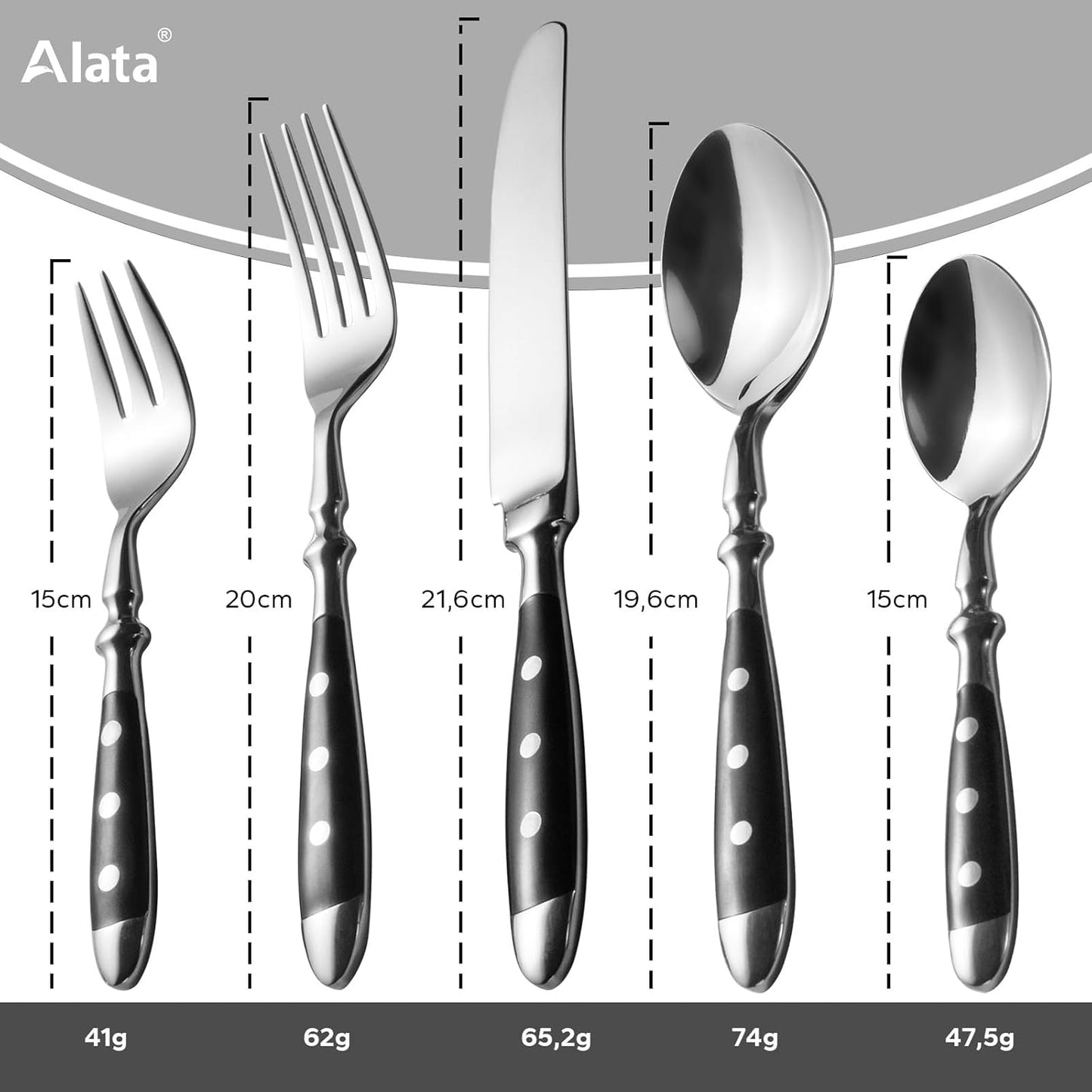 Alata Besteck Set Für 6 Personen - Rustikales Tafelbesteck Set Aus Edelstahl Mit Schwarzen Griffen - Geschmiedet Und Schwer - Serie Berlin