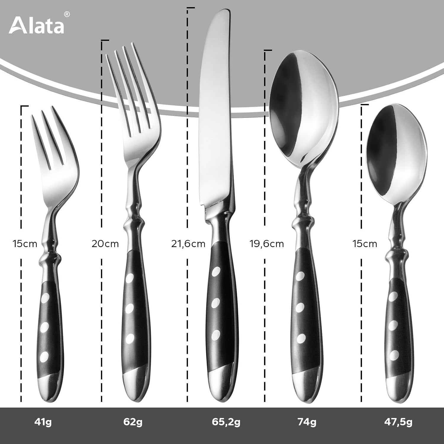 Alata Besteck Set Für 6 Personen - Rustikales Tafelbesteck Set Aus Edelstahl Mit Schwarzen Griffen - Geschmiedet Und Schwer - Serie Berlin