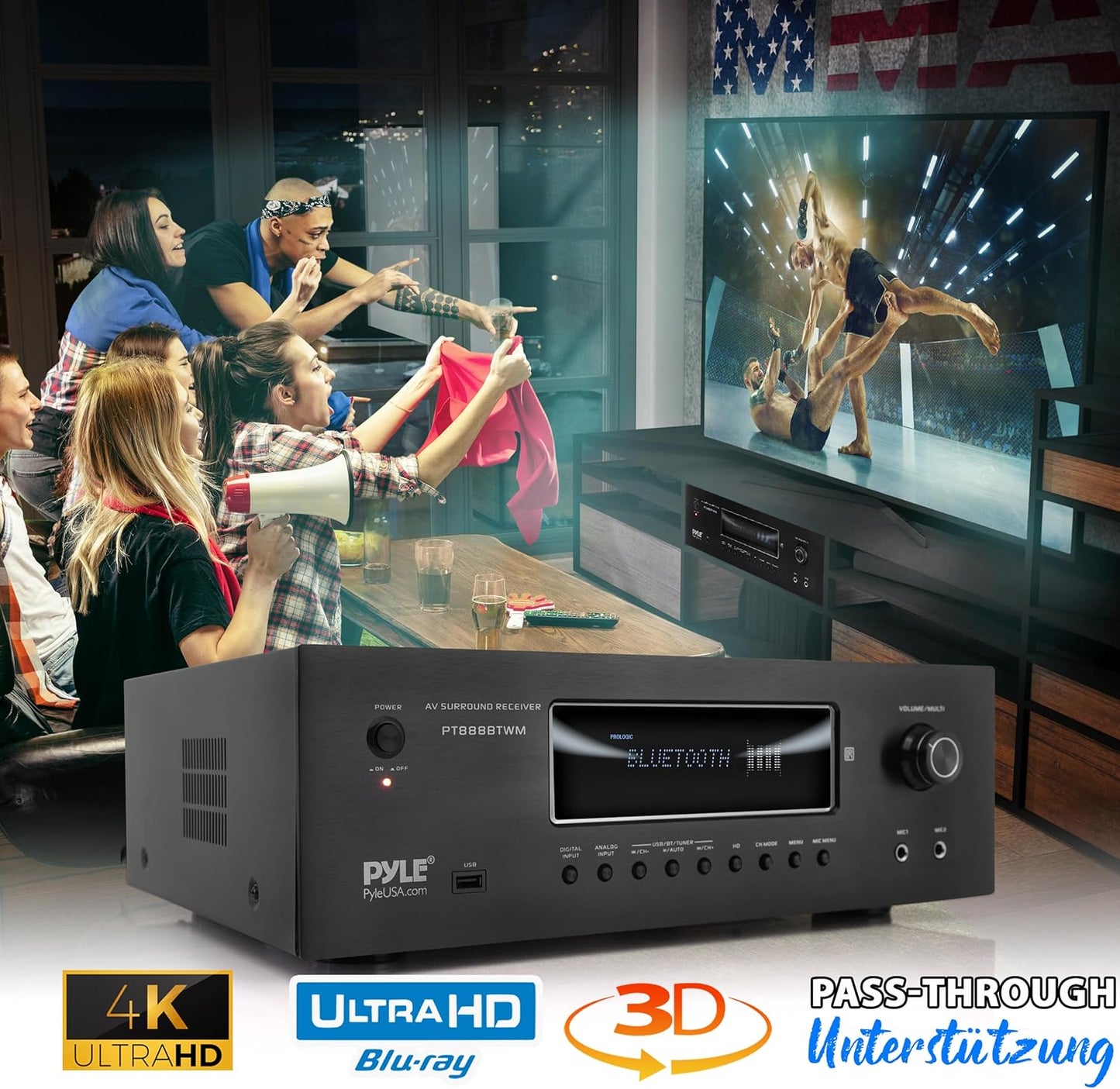 Pyle Amplifier, 5.2 Kanal Bluetooth Verstärker, 1000W AV Receiver Mit 2 UHF Kabellosen Mikrofonen, 4K UHD TV HDM/USB/MP3 Unterstützung, Heimkino & Karaoke Sound System
