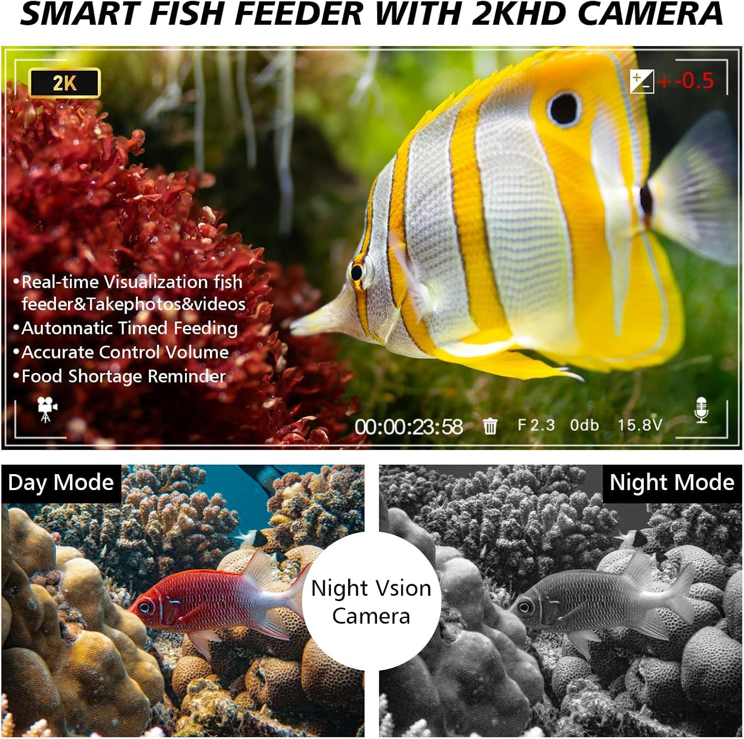 Smart Futterautomat Aquarium Automat Fische Futterspender Mit 2.5K Kamera, App-Steuerung Über Wifi/Wlan Große, 230ML Groß Kapazität Fischfutter Feeder, Feuchtigkeitsbeständiger Urlaubsfutterspender