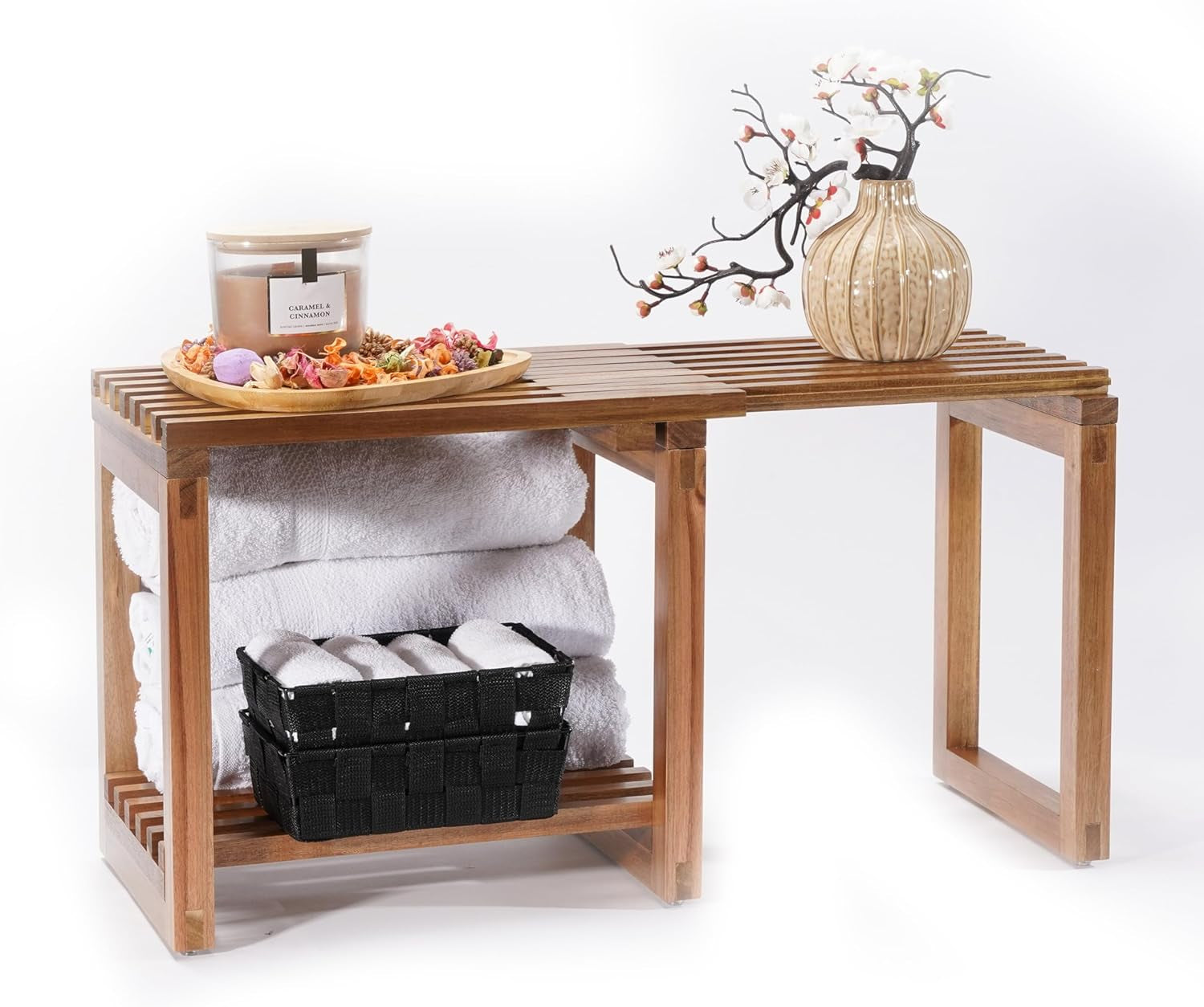 Ausziehbarer Duschhocker Aus Akazienholz - Duschbank Akazie Mit Ablage - Multifunktionale Saunabank - Hocker & Beistelltisch Aus Holz Für Badezimmer - Dusche - Balkon - Garten - Outdoor - Indoor