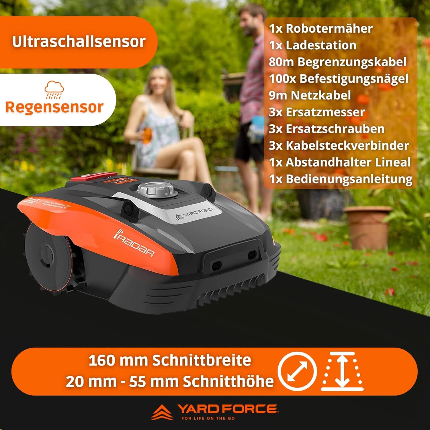 YARD FORCE Compact 300RBS, Mähroboter Bis 300 Qm Rasenfläche, Iradar, Ultraschallsensoren, Bürstenloser Motor, Einfache Bedienung, Bluetooth- Und App-Steuerung, 30% Steigung, 20V / 2,0Ah Li-Ion Akku