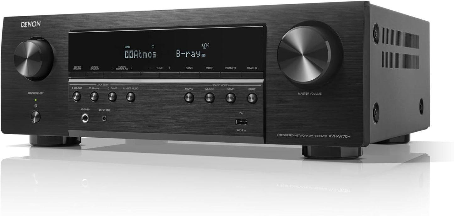 Denon AVR-S770H 7.2-Kanal Av-Receiver, Dolby Atmos, DTS:X, 6 HDMI Eingänge Und 1 Ausgang, 8K HDMI, HEOS Built-In, Bluetooth, WLAN, Airplay 2, Alexa Kompatibel - Schwarz