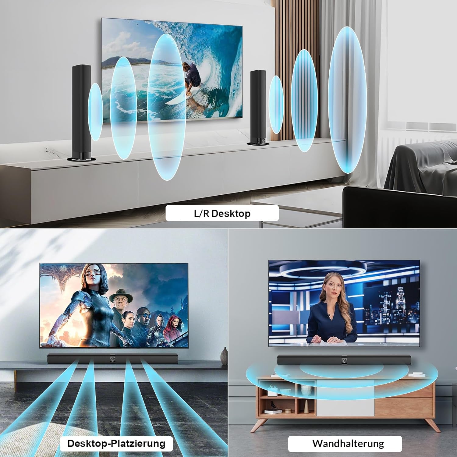 Soundbar Für TV Geräte, Teilbare 2-In-1 Set of TV Soundbar, Auto-Volume-Boost, 3 Sound Modi, Surround Soundsystem, Bluetooth 5.3, Arc/Opt/Aux, TV Lautsprecher Für Fernseher, Beamer, Monitor