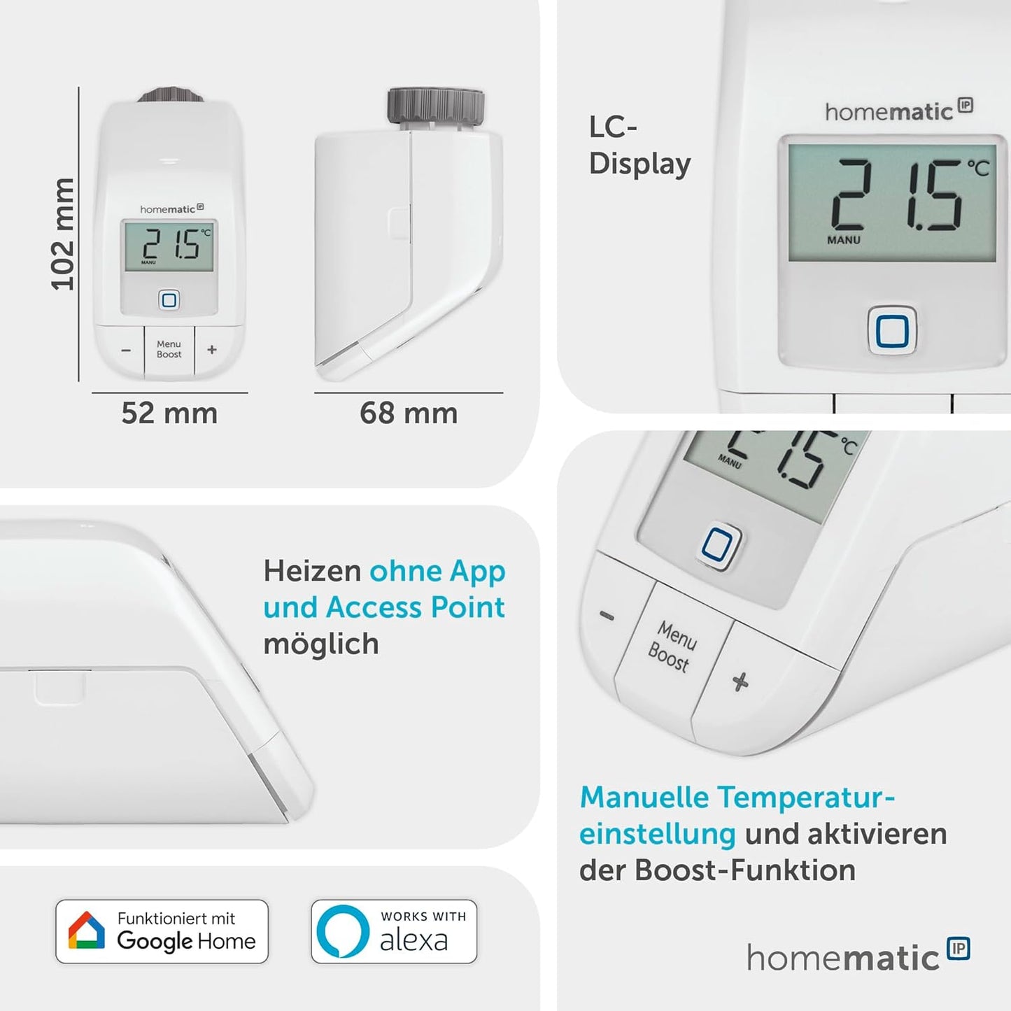 Homematic IP Smart Home Heizkörperthermostat – Basic, Digitaler Thermostat Heizung, Steuerung per App, Alexa, Google Assistant, Einfache Installation, Energie Sparen, 153412A3