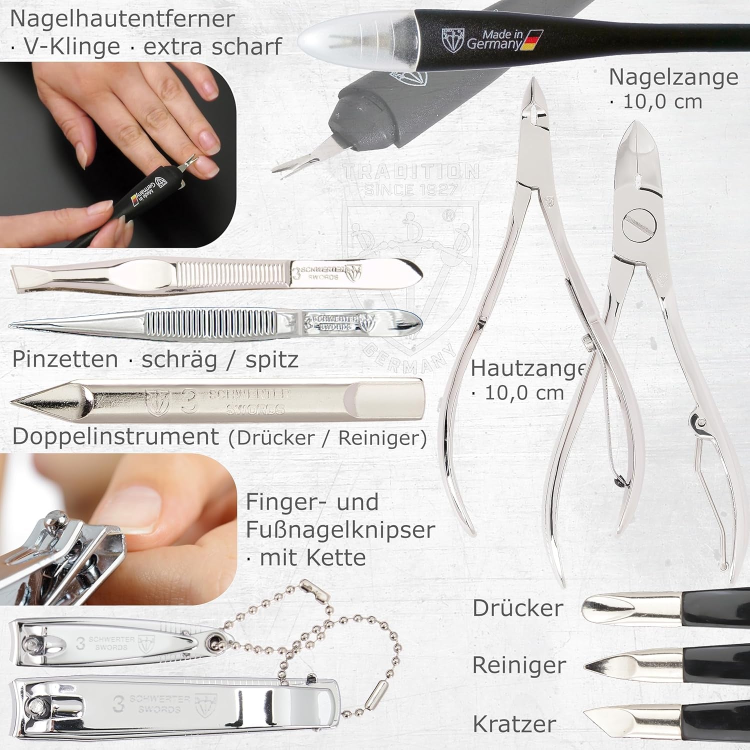 DREI SCHWERTER - 16-Tlg. Maniküre Pediküre Set 'Cinisello' Hochwertiges Nageletui Aus Echtleder Für Die Hand- Und Fußpflege Inhalt: Nagelschere, Nagelknipser, Pinzette Und Vieles Mehr!