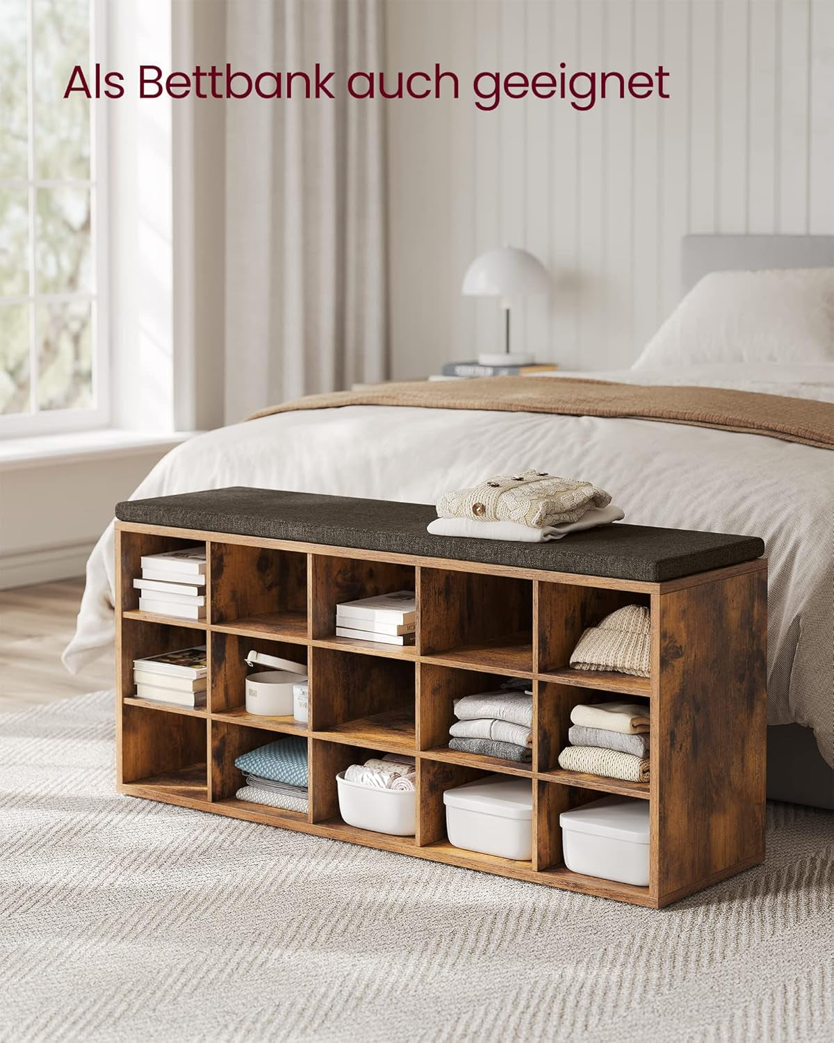 VASAGLE Schuhbank, Schuhregal Mit Sitzfläche, Sitzbank Mit Stauraum, Kissen, 15 Fächer, Für Wohnzimmer, Flur, 30 X 105 X 48 Cm, Vintagebraun-Kastanienbraun LHS15BX