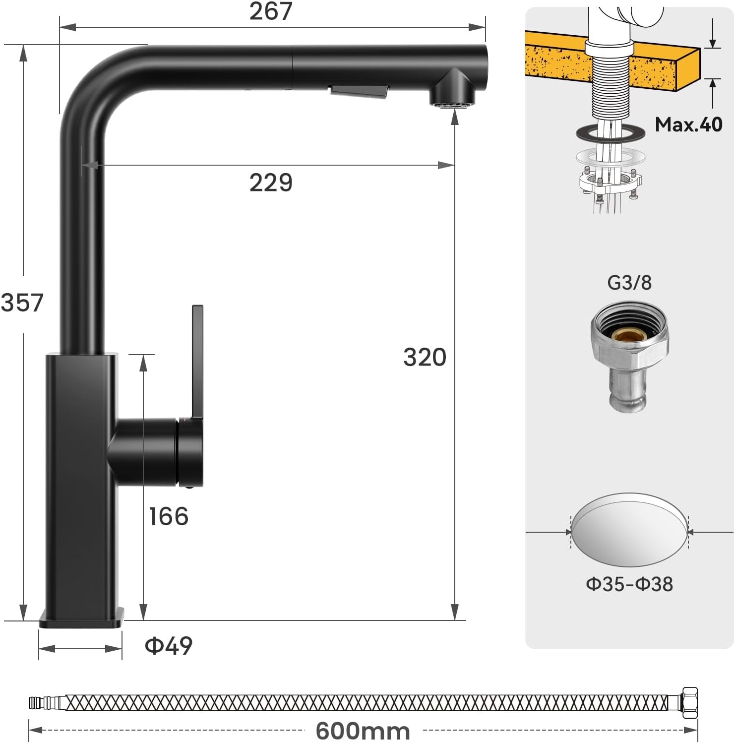 CECIPA Wasserhahn Küche Schwarz Ausziehbar, Küchenarmatur Mit Brause Ausziehbar, Mischbatterie Küche Schwarz Matt, Armatur Mit 2 Wasserstrahlarten, Spültischarmatur Edelstahl, Kitchen Tap 360° Drehung