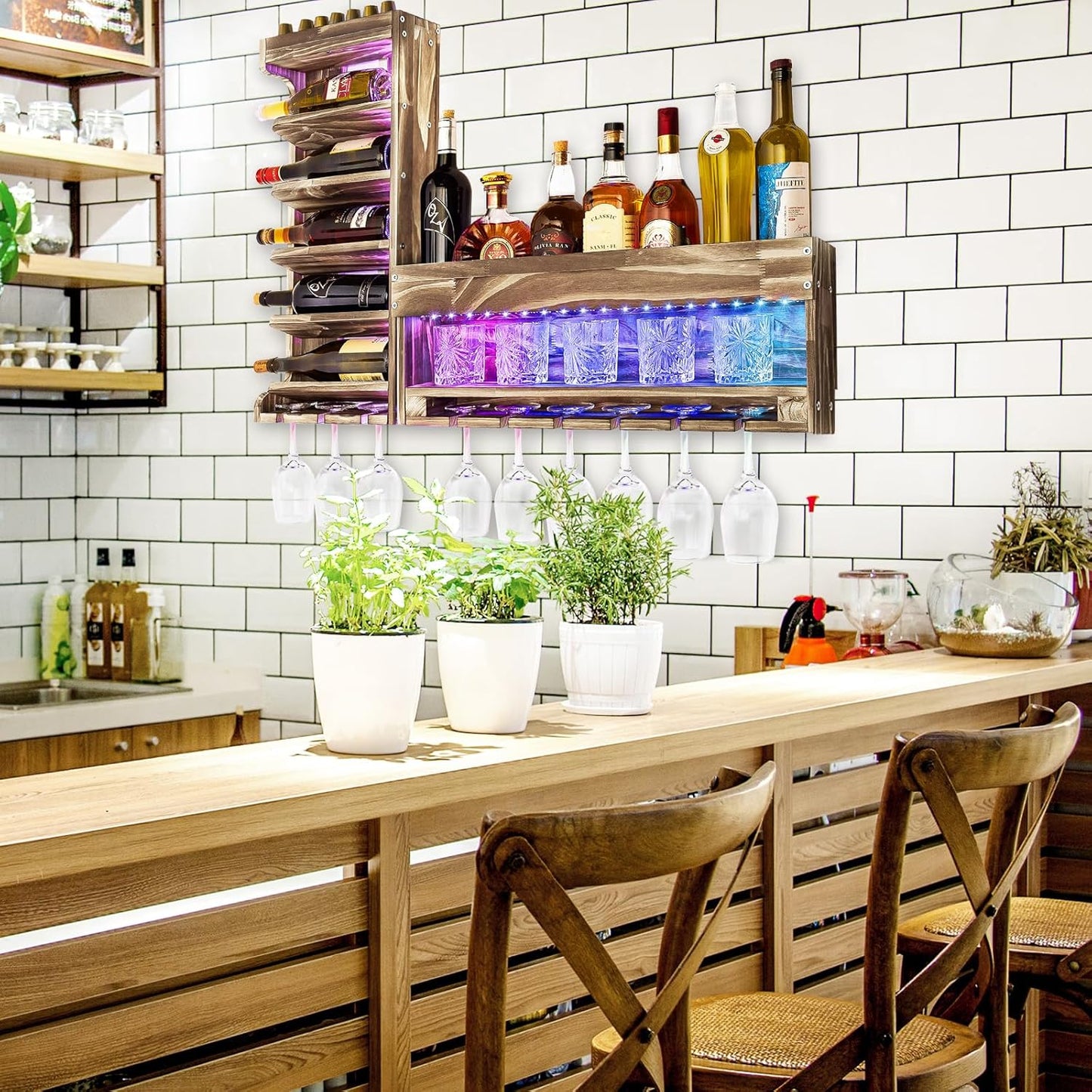 Yorbay Weinregal Mit Led-Licht Palette Beflammt Holz, Wandbar Mit Korkhalter, Für Weingläser, Whiskygläser, Flaschenhalter Hausbar, Vintage, Geschenk