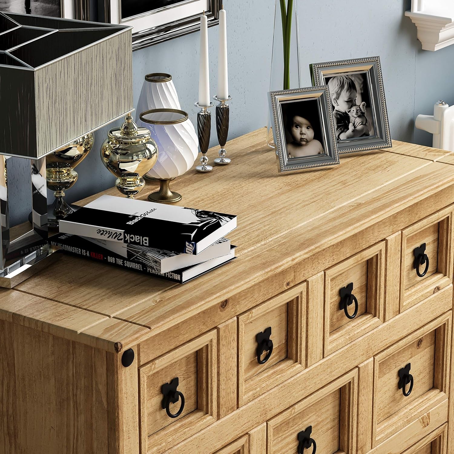 Vida Designs Corona Apothekerschrank Mit 9 Schubladen, Kaufmannsschrank Rustikal Organisieren Sammeln Aufbewahren Pinie, Hellbraun, 76 X 95 X 40 Cm, P2201-CR