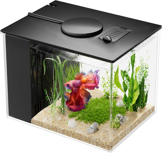 2.9L Kleines Betta Aquarium Komplettset, Mini Aquarium Aus Acryl Mit Filter, Pump, LED Light, Ideal for Small Fish, Shrimp, and Plants(Schwarz)