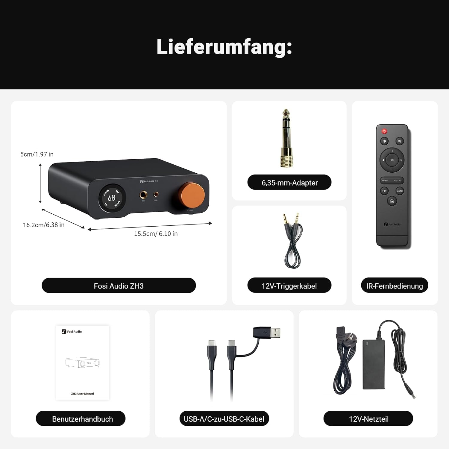 Fosi Audio ZH3 Full Balanced Hifi Vorverstärker, DAC Kopfhörerverstärker Mit AKM4493SEQ XMOS XU316 PCM 768Khz Für Verstärker, Usb/Optical/Coax/Rca/12V Trigger Eingang, Xlr/Rca/4.4Mm/6.35Mm Ausgang