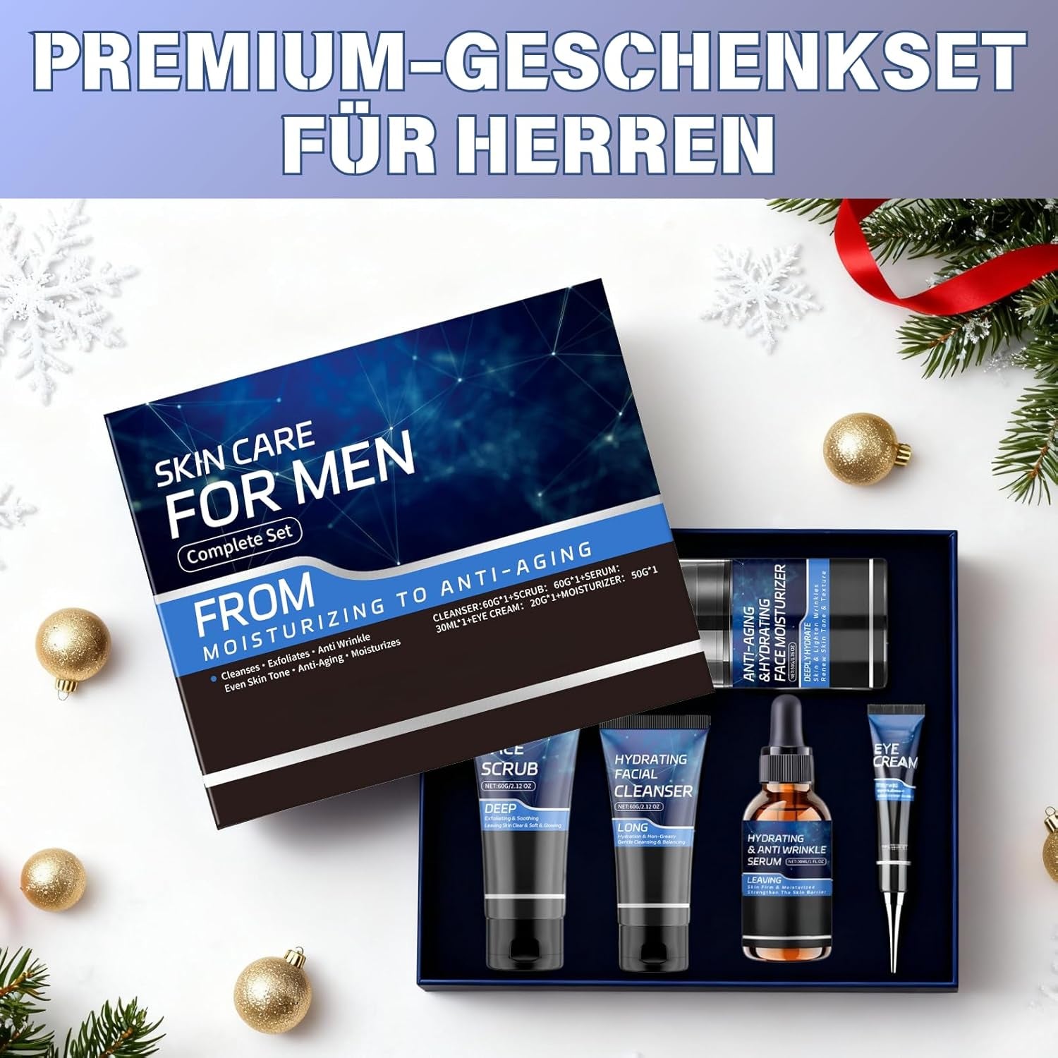 Herren Hautpflege Set, Anti-Aging Gesichtspflege Set Mit Reiniger,Peeling,Serum,Augencreme & Gesichtscreme, Straffende Geschenke Skincare Set Für Männer Weihnachtsgeschenke Herren Pflegeset (5-Teilig)
